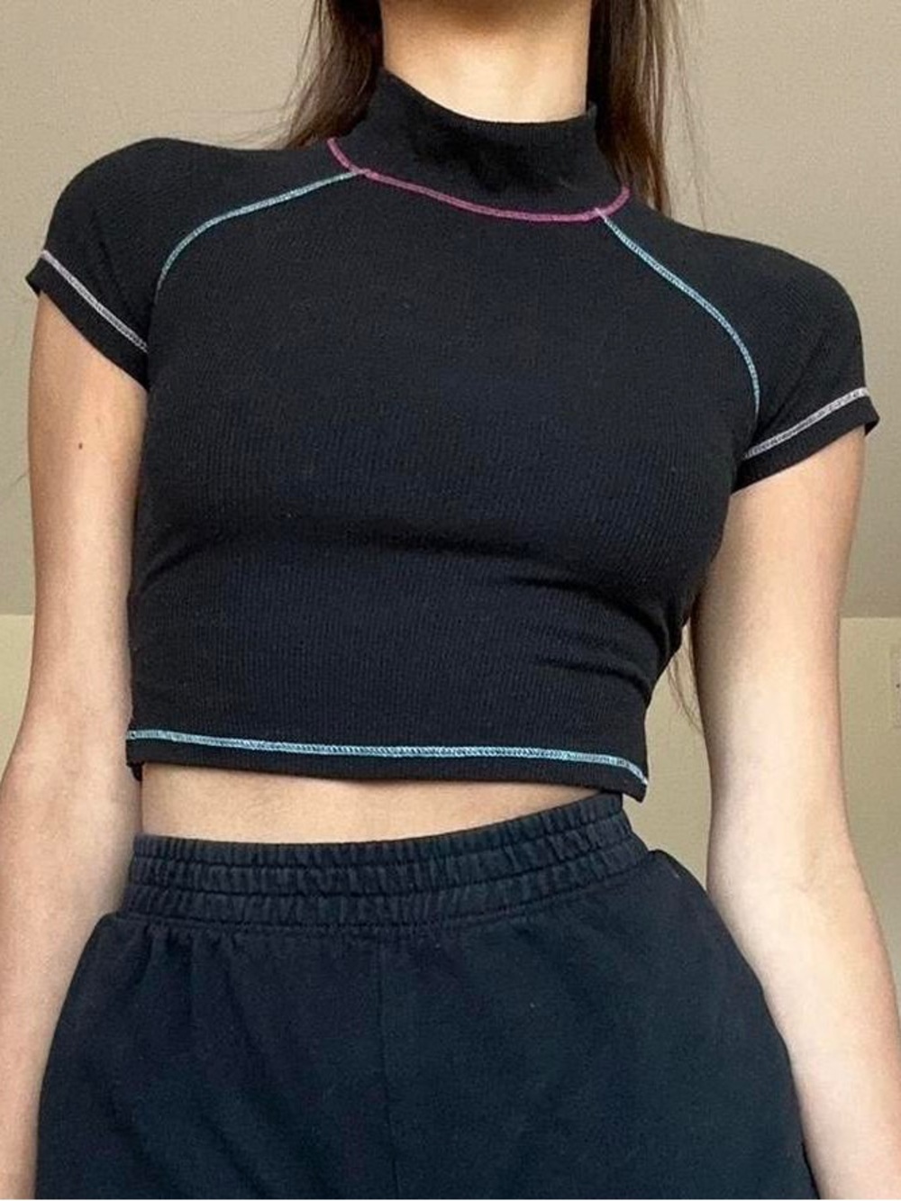 Women's Black Crop Top with Contrast Stitching